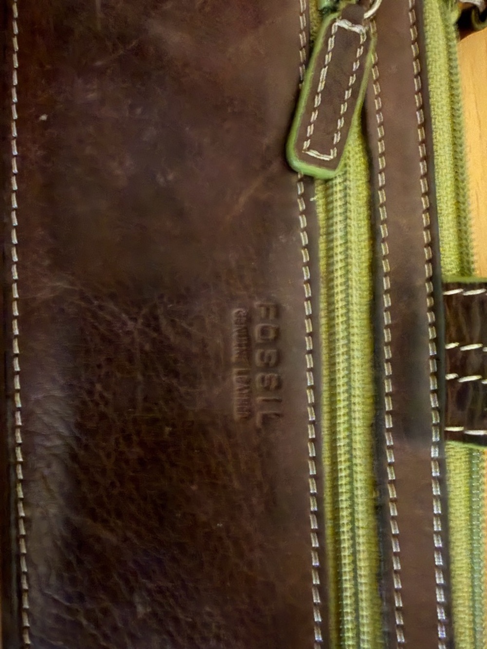 Fossil Brown Leather Wallet with Green Accent Stitching - Picture 4 of 4